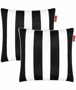 Set of 2 Waterproof Outdoor Throw Pillows 18x18 – Black & White Cabana Stripe Patio Pillows w/ Inserts