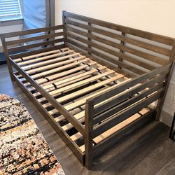 Barely Used Lark Manor Alexz Wood Daybed w/ Pop-Up Trundle – Rustic Walnut