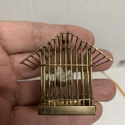 Antique Vintage Doll House Brass Bird Cage With Bird Inside 