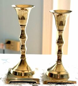 Solid Brass Candlestick Holders Set of 2 -Square Footed Base Taper Candle Stands Mid Century-Vintage!