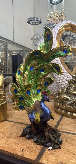 Decoration peacock figurine with blue gem accents 14”