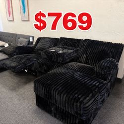 Black Corduroy Reclining Sectional Sofa with Chaise