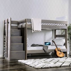 Brand New Rustic  Gray Twin Over Twin Size Bunk Bed With Stairs 