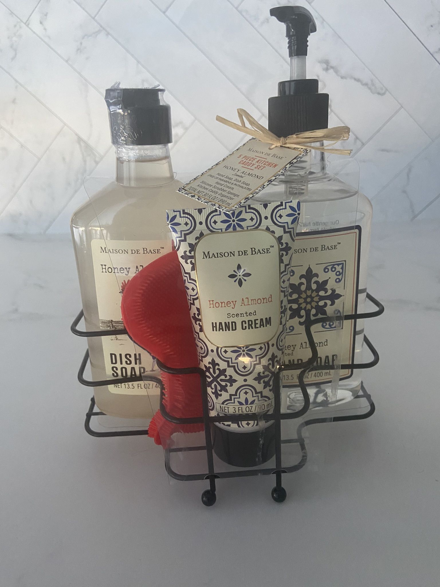 Honey Almond Dish soap, hand soap, hand cream, silicon scrubber brush and kitchen caddy organizer