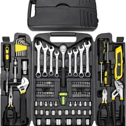 95 Piece Tool Set, Tool Kit, Mechanics Tool Set, Portable Toolbox with Adjustable Wrench Pliers Socket Bits, with Plastic Toolbox Storage Case, for Ho