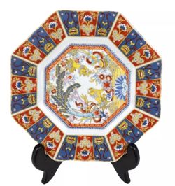 Vintage Ardalt Japan Porcelain 7-3/4" Octagonal Cabinet 2 Plates Foo Dogs -Symbol of Protection 