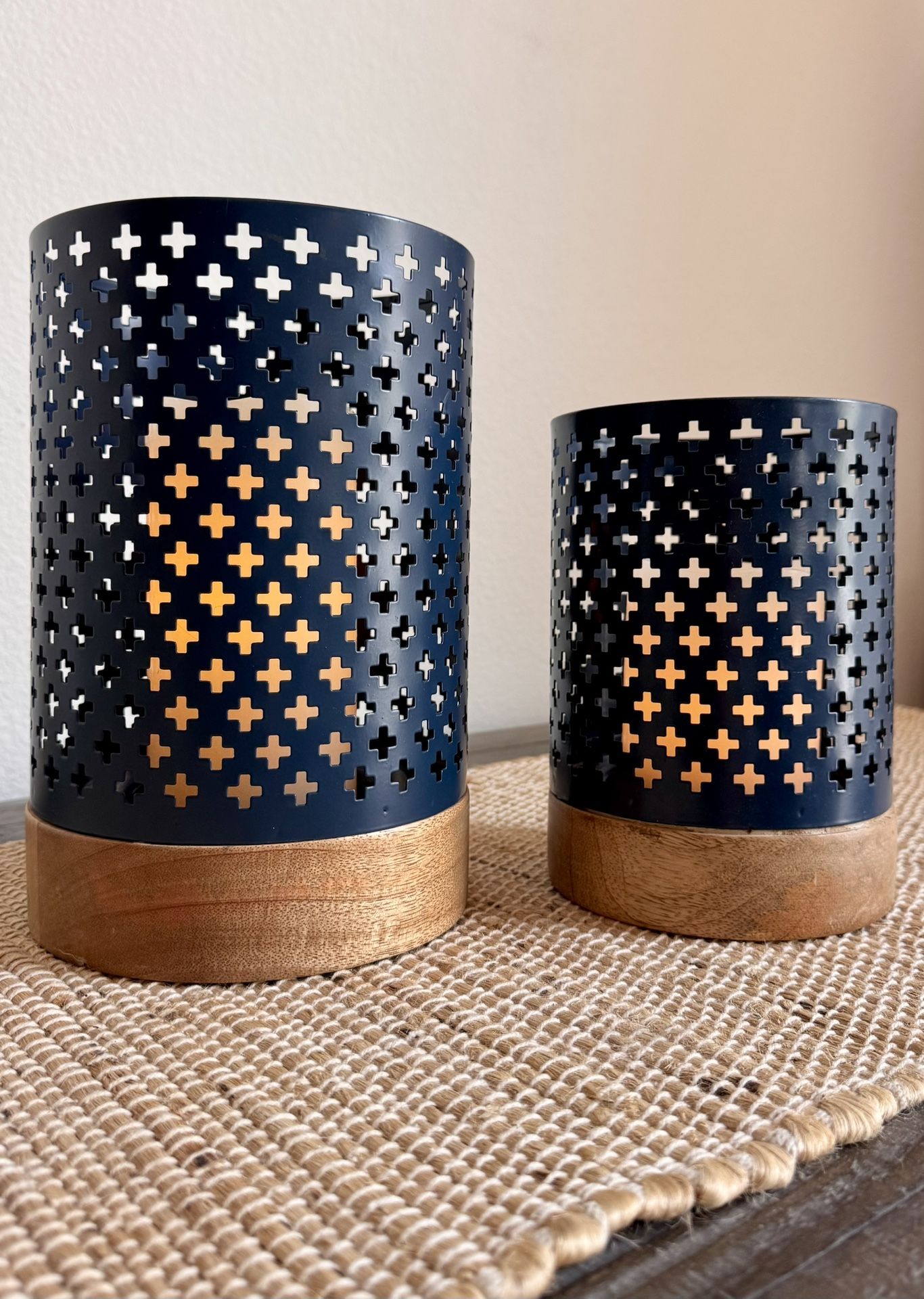 Large Wood And Metal Candle Holder Set