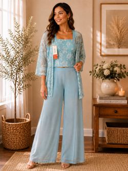 NWT Aqua Lace 3-Piece Set – Lace Cardigan, Lace Cami & Sheer Wide-Leg Pants with Full-Length Lining
