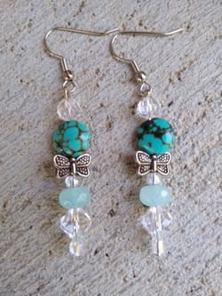 Handmade Natural Turquoise -  Butterfly - Crystal Bead Earrings