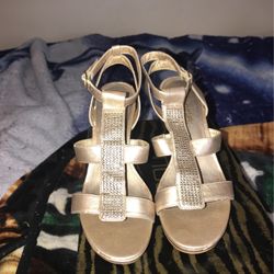 Gold Antique Cork Heels Bling In Front