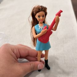 Small Barbie Doll – Brown Hair, Blue Dress, Pink Guitar | Mini Toy