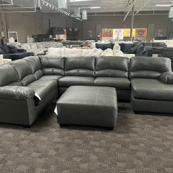 Grey Leather Sectional 