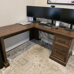 Dark Walnut L Shaped Desk With Hutch