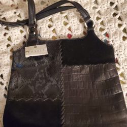 Fossil New Black Leather/Suede Shoulder Bag - 10" X 9"