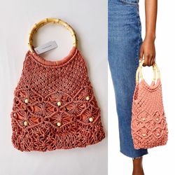 ✨New TOPSHOP Sami String Macrame Top Ring Handle Tote Bag Coral NWT