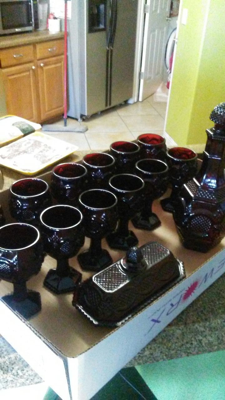 Antique Ruby dark red glasses butter dish bottle