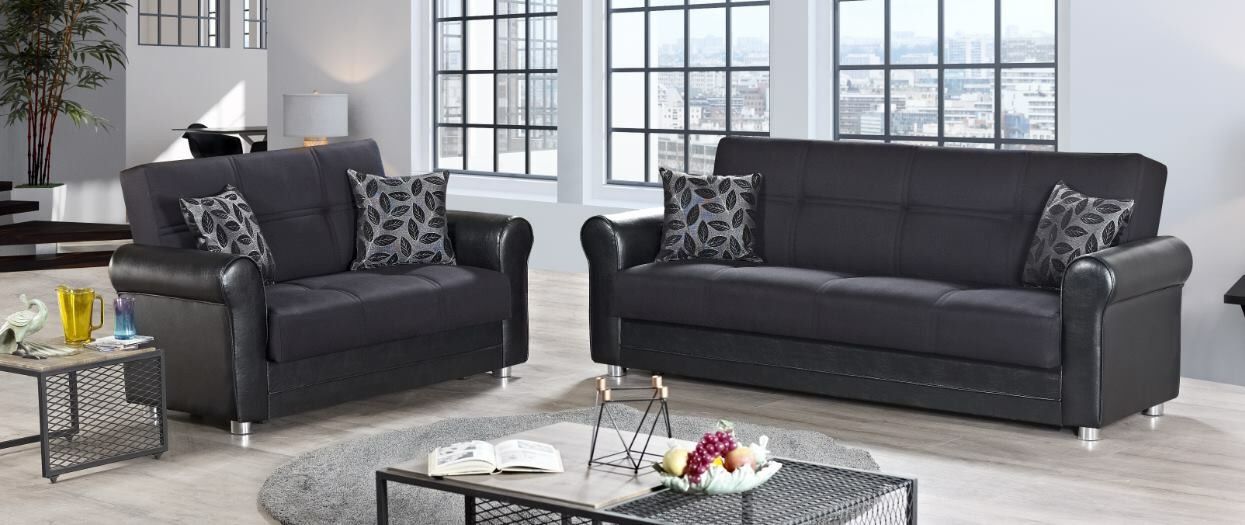 NEW BLACK PU SOFABED AND LOVESEAT WITH STORAGE