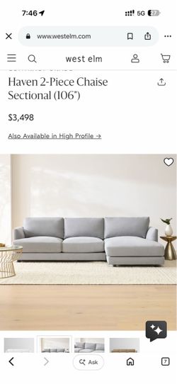 West Elm Light Blue Fabric Sectional Sofa with Chaise