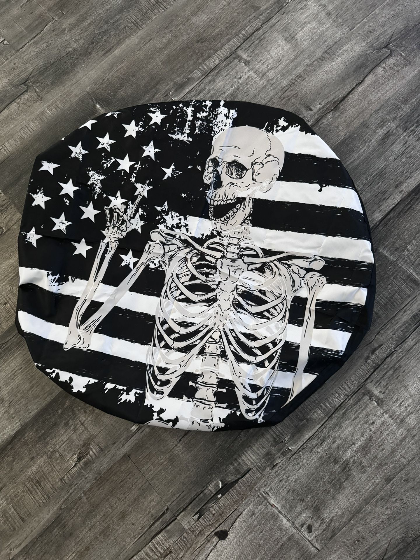 Human Skeleton ,American Flag Spare Tire Cover, RV. Jeep Off Road Vehicles .