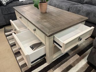 Brown-White Lift Top Cocktail Table w/ 4 Drawers