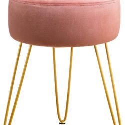 Pink Velvet Footrest, Stylish Round Ottoman, Sturdy Metal Frame, Easy Installation