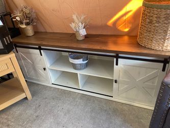 Cesilee TV Stand for TVs up to 75" with 2 Sliding Barn Doors and Built-In Charging Station