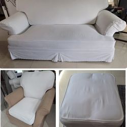 Vintage Sofa, Chair, Ottoman With Removable White Cover