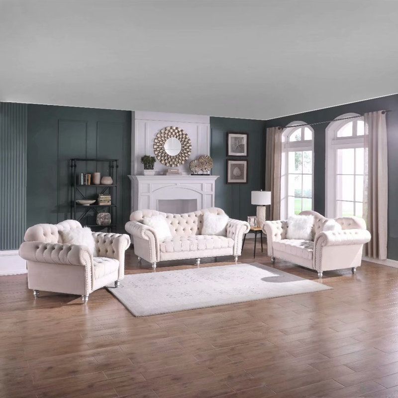 3 - Piece Velvet Living Room Set,beige Color , Sofa Loveseat And Chair , Living Room Set , Velvet Couches