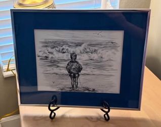 Framed Coastal Sketch Art – “On the Beach, Carmel Calif.” Black & White Ocean Scene