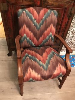 Vintage wooden Arm Chair FlameStitch fabric.