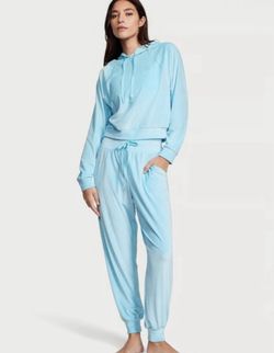 Victoria's Secret Baby Blue Velour Hoodie and Joggers Set