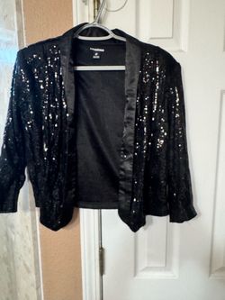 Black Sequin Open-Front Cropped Blazer