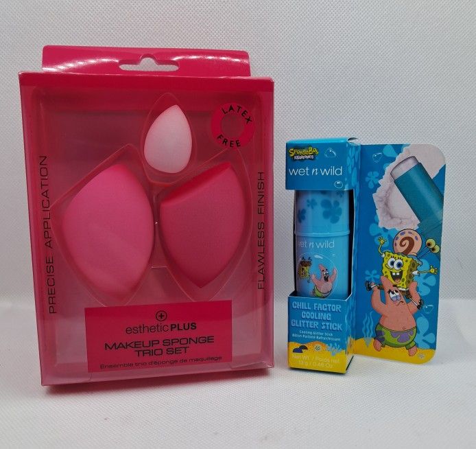 New Pink Makeup Sponge Trio with SpongeBob Cooling Glitter Stick
