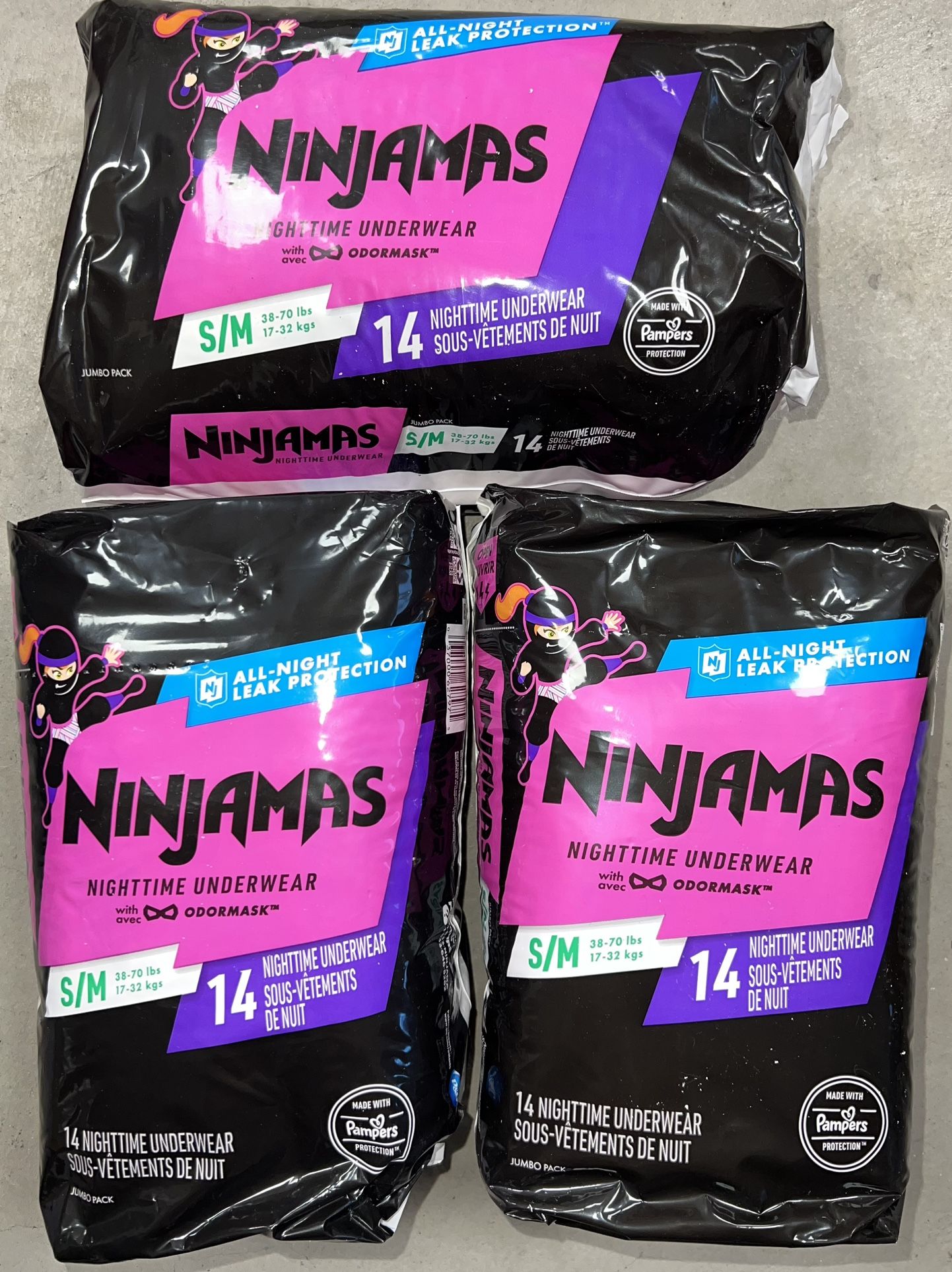 3 bags Pampers Ninjamas Nighttime Pants Girls Toddler Size S/m, 14 Count
