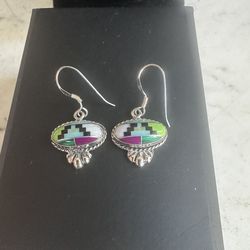 925 Sterling silver multiple gemstones hook dangle earrings, marked 925 , very nice !