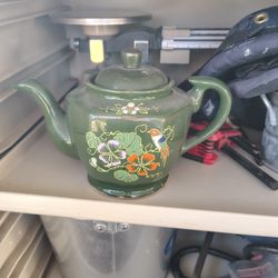 Vintage Green Ceramic Hand Painted Kettle Made In Japan 