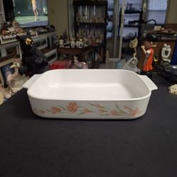 Corning Ware Large Open Roaster Baking Dish In Peach Floral Pattern, Vintage 80's To 90's, Microwave, Oven & Dishwasher Safe 12 1/4 X 10 1/2 X 2 1/2