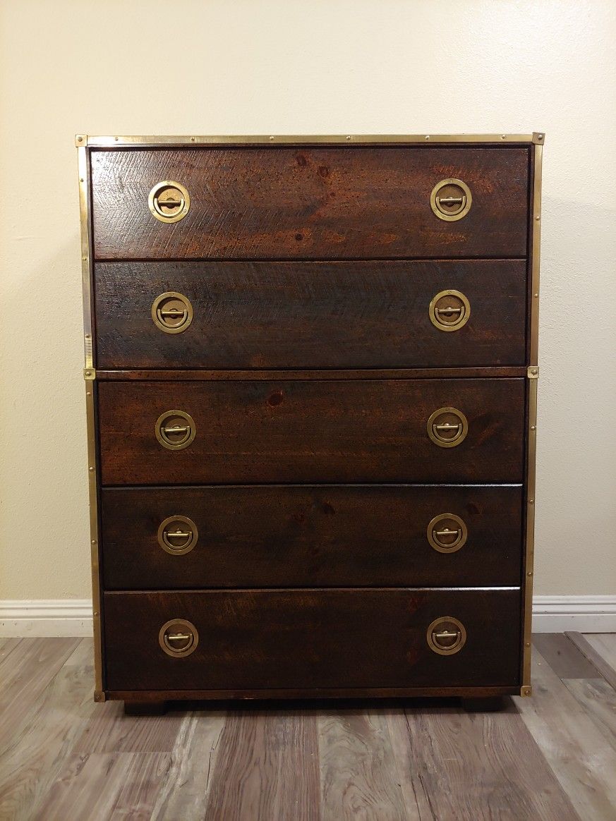 Beautiful Rare Bassett Nautical Campaign Mid Century Highboy 5 Drawer Dresser
