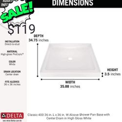 Delta

Classic 400 36 in. L x 36 in. W Alcove Shower Pan Base with Center Drain in High Gloss White

