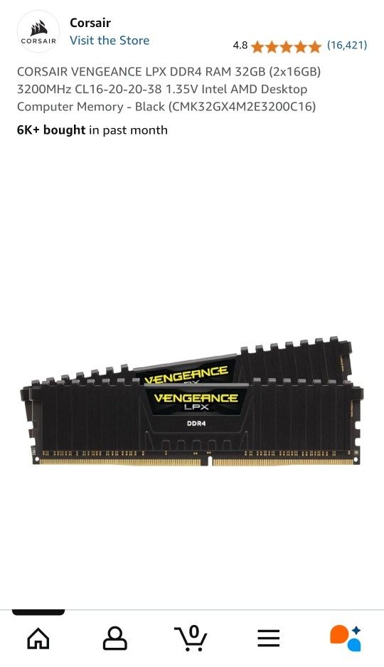 CORSAIR VENGEANCE LPX DDR4 RAM 32GB (2x16GB) 3200MHz CL16-20-20-38