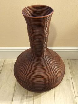 Vintage Mid-Century Modern Pencil Reed Rattan Floor Vase in the Style of Gabriella Crespi.