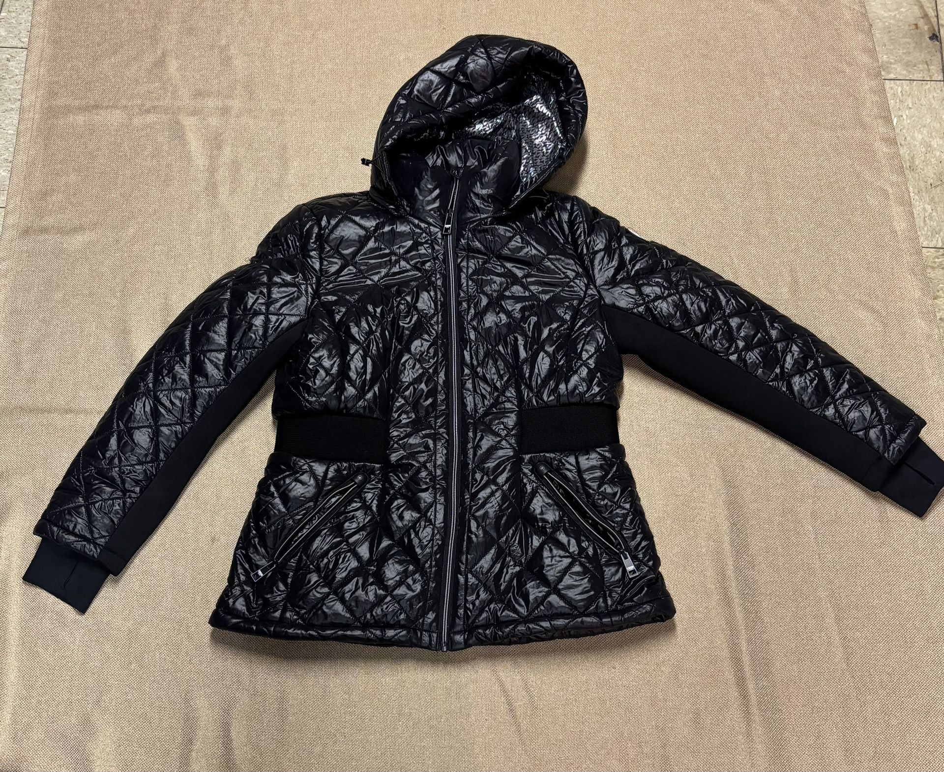 RARE Find Michael Kors L Black on Black Sliming Effect Puffer Jacket With Hoodie