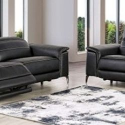 Brand New Black Leather Modern Style Power Reclining Sofa & Loveseat 