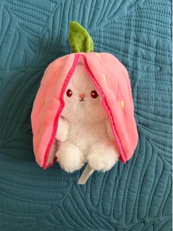 Pink Strawberry With White Bunny Plush Zip Up Reversible Stuffed Animal Rabbit