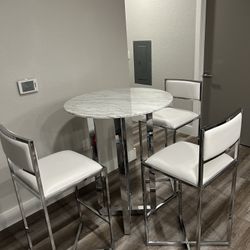 Amalfi White Marble Pub Table & 2 Metal Barstools