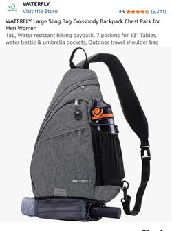 WATERFLY Large Sling Bag Crossbody Backpack Chest Pack for Men Women 18L, Water resistant hiking daypack, 7 pockets for 13" Tablet, water bottle & umb