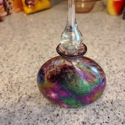 Vintage Iridescent Hand-Blown Art Glass Perfume Bottle with Teardrop Stopper