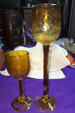 Amber Crackle Glass Stemware Set Of Two Goblets 13.5" and 8.5" Hand-Blown Pontils CR5P067