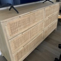 Rhian Coastal Beach Natural Beach woven 6 drawer dresser, w left facing and right facing end tables 