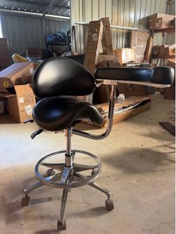 Adjustable Ergonomic Saddle Stool with Armrest and Backrest - Swivel Rolling Dentist Chair PU Leather